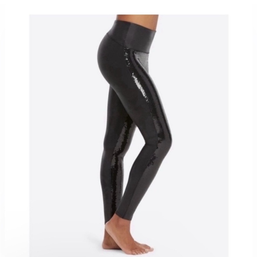 SPANX medium black sequin faux leather pants leggings
